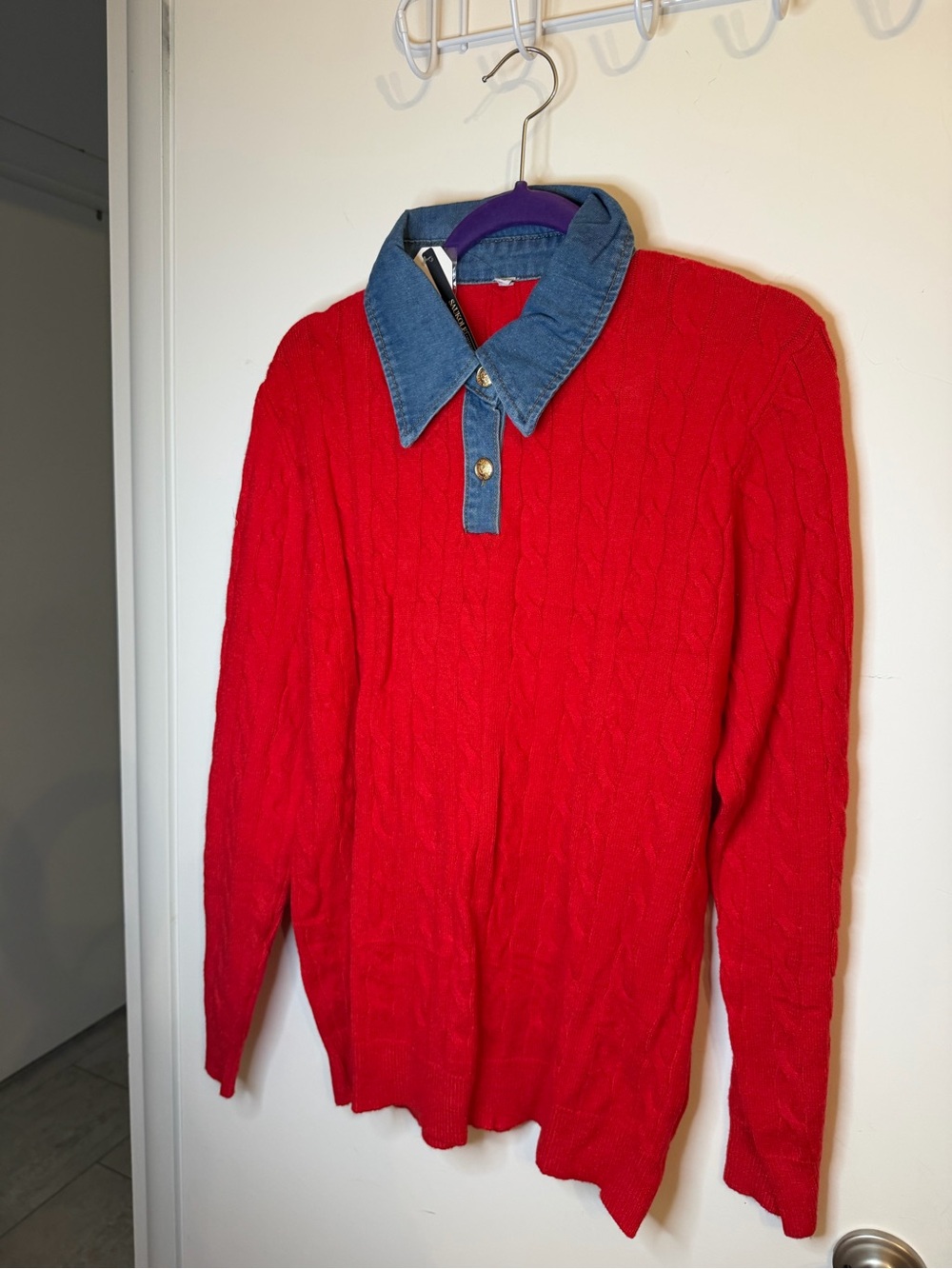 Red Cable-Knit Crewneck Sweater with Denim Collar Saukole brand NWT